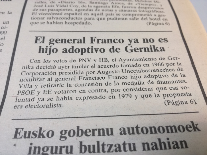 Noticia publicada en EGIN el 22 de marzo de 1987.