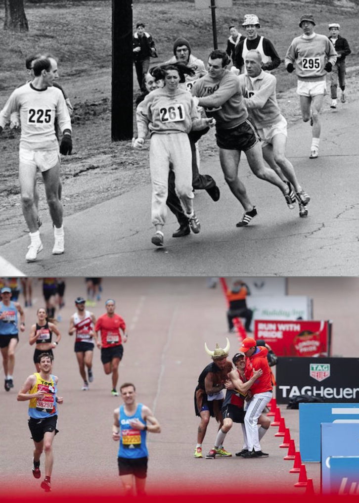 1967ko Bostongo Maratoiko argazkia eta aurtengo Londongo Maratoikoa