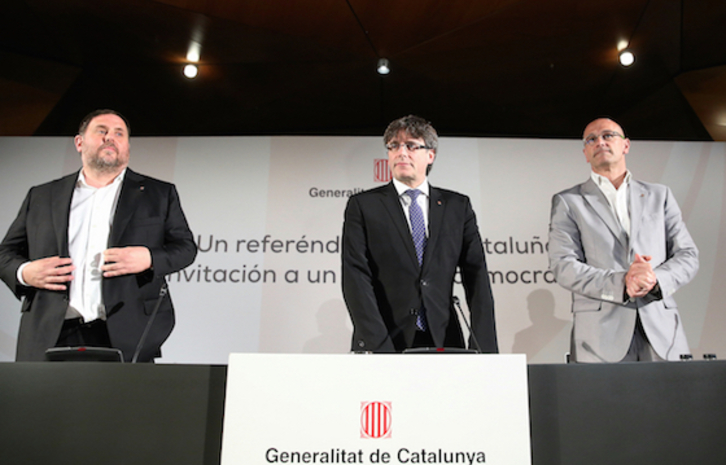 Oriol Junqueras, Carles Puigdemont y Raül Romeva, este lunes en Madrid. (J.DANAE / ARGAZKI PRESS)