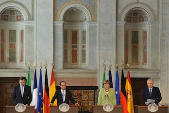 Rajoy, Hollande, Merkel y Monti, en su comparecencia conjunta. (Alberto PIZZOLI/AFP PHOTO)