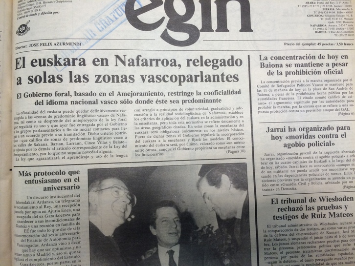 Portada del diario EGIN del 26 de octubre de 1985