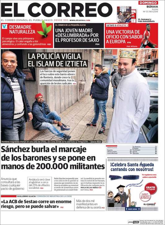 Portada del diario El Correo del pasado domingo.