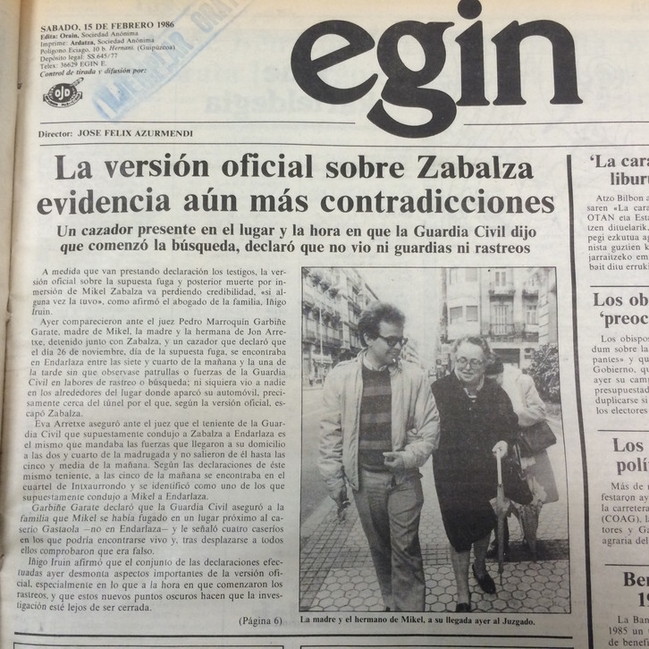 Portada del diario EGIN del 15 de febrero de 1986.