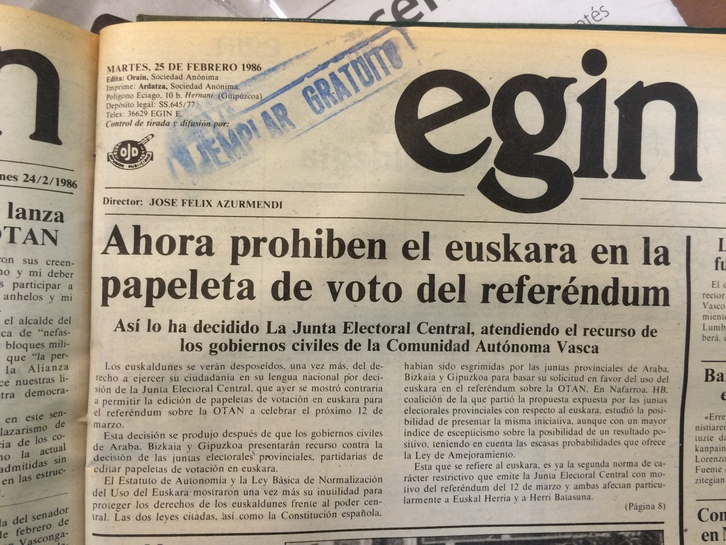 Portada del diario EGIN del 25 de febrero de 1986.