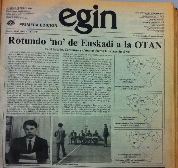 Portada del diario EGIN del 13 de marzo de 1986.