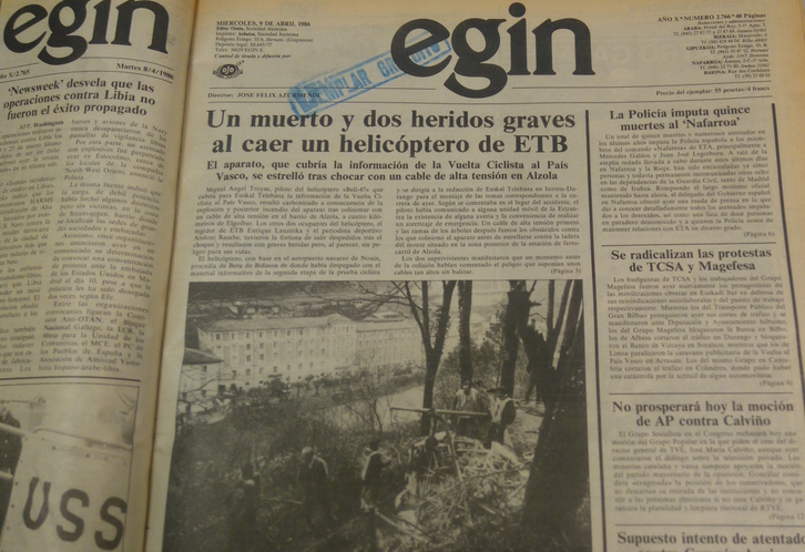 Portada de EGIN del 9 de abril de 1986.