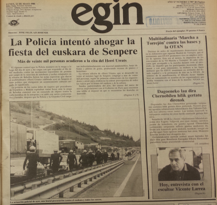 Portada del diario EGIN del 12 de mayo de 1983.