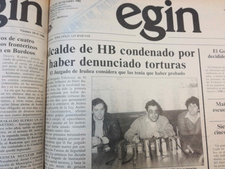 Portada del diario EGIN del 20 de septiembre de 1986.