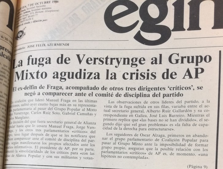 Portada del diario EGIN del 7 de octubre de 1986.