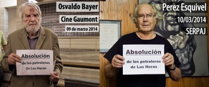 Imagen de la campaña internaiconal para pedir la absolución de los petroleros de Las Heras.