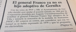 Hace 30 años Gernika anulaba el nombramiento de Franco como hijo adoptivo