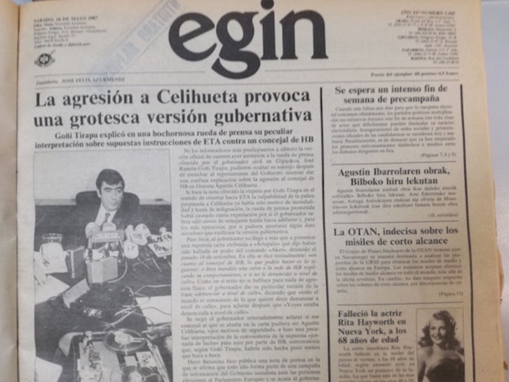 Portada del diario EGIN del 16 de mayo de 1987.