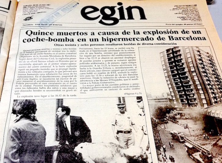 Portada del diario EGIN tras el atentado de Hipercor.