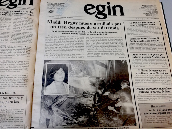 Portada del diario EGIN del 23 de junio de 1987.