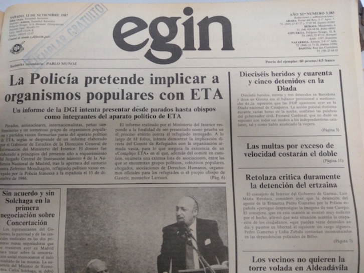 Portada de EGIN el 12 de setiembre de 1987