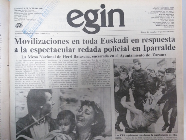 Portada de EGIN el 4 de octubre de 1987