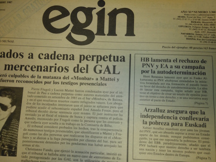 Portada de EGIN el 2 de diciembre de 1987