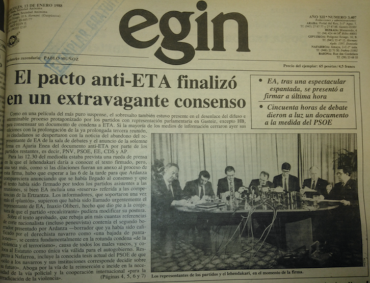 Portada de EGIN el 13 de enero de 1988