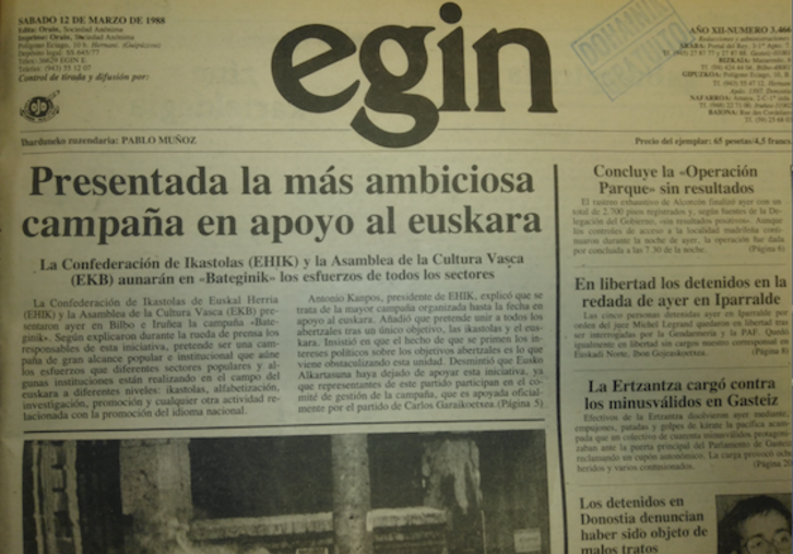 Portada de EGIN el 12 de marzo de 1988