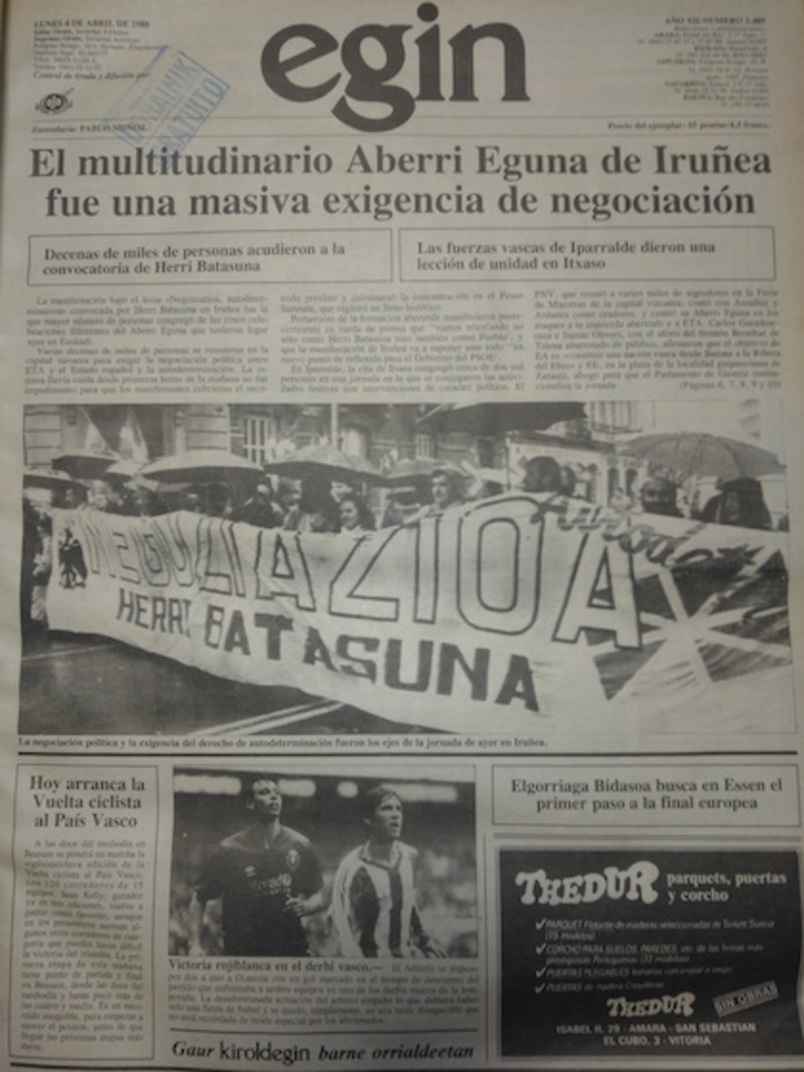 Portada de EGIN el 4 de abril de 1988