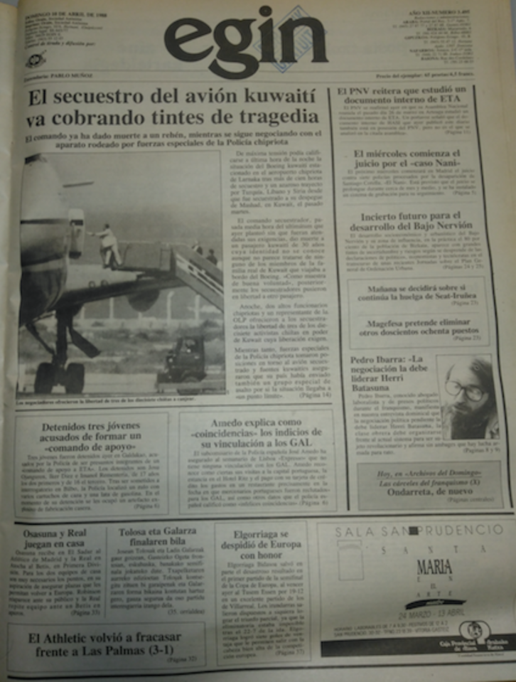 Portada de EGIN el 10 de abriul de 1988