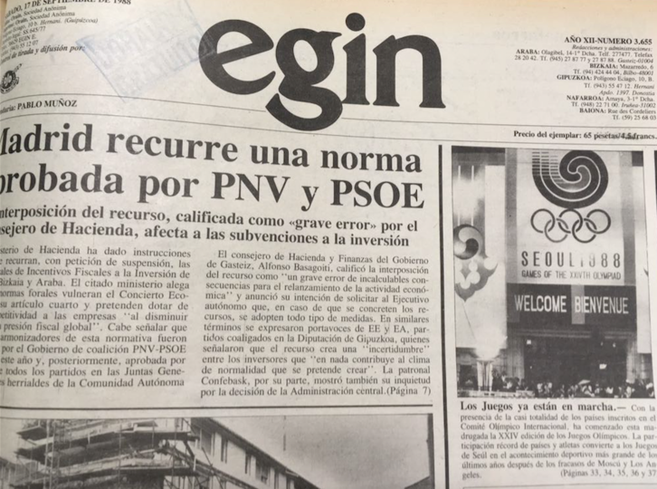 Portada de EGIN el 17 de septiembre de 1988