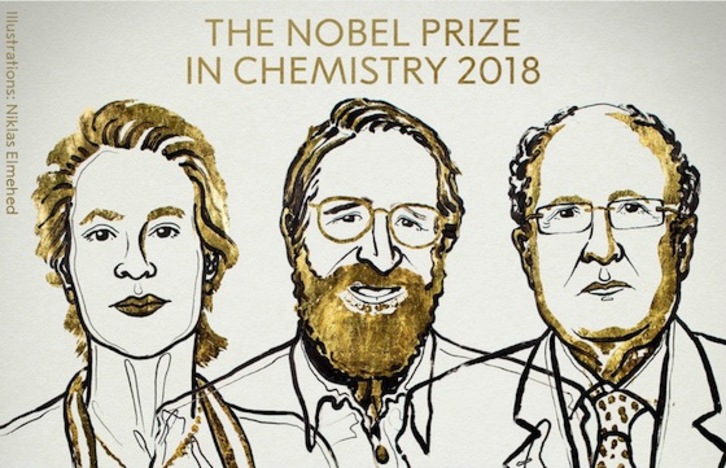 2018ko Kimikako Nobel Saridunak: Frances Arnold, George Smith eta Gregory Winter. Arg. Suediako Zientzien Errege Akademia